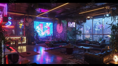 An American retro-futuristic loft, with holographic graffiti art, AI-curated virtual reality concerts, and interactive rooftop urban farming.