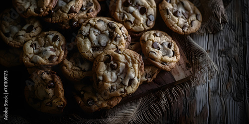 Cookies de Chocolate recémassados em uma tábua de corte de madeira rústica photo