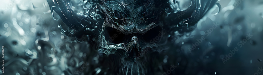 Dark Fantasy Video Game Evil Skull Face with Glowing Eyes in Cinematic Scene - obrazy, fototapety, plakaty 