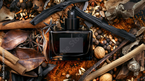 Fototapeta Naklejka Na Ścianę i Meble -  Male's perfume bottle with spices and leaves on the ground