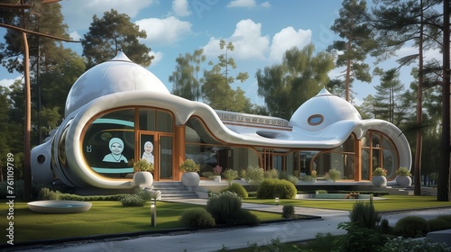 A Russian retro-futuristic dacha featuring onion dome-inspired smart roofs. photo