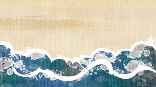 海　波のある和風背景イラスト