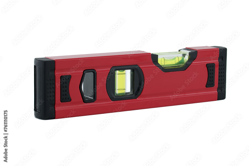 Red spirit level with bubble indicator isolated on white Red spirit level with bubble indicator isolated on white