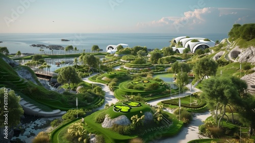 A modern Irish coastal haven, incorporating AI-controlled shamrock gardens
