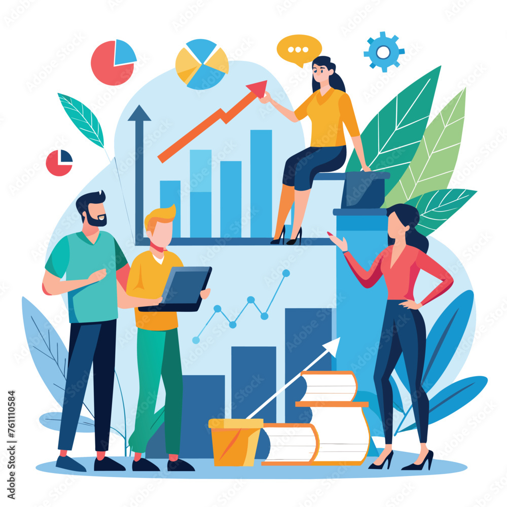 Business people working on financial charts. Teamwork, brainstorming concept. Vector illustration