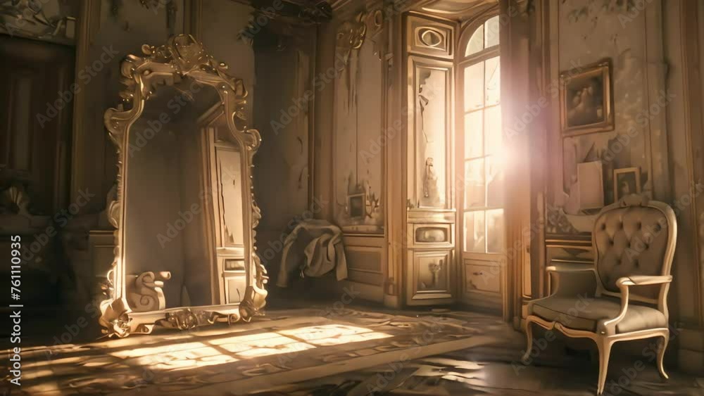 Victorian era mirror encased in a sumptuous filigree frame reflects a luxurious room decorated with antiques, with intricate patterns and shadows. Generative AI