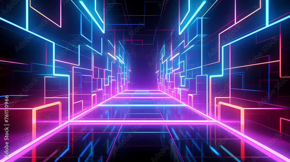 Futuristic empty neon corridor model