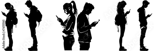 People holding using mobile phones set Characters with smartphones in hands Men women use cellphones surfing internet chatting Flat graphic vector illustrations black and white