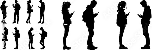 People holding using mobile phones set Characters with smartphones in hands Men women use cellphones surfing internet chatting Flat graphic vector illustrations black and white