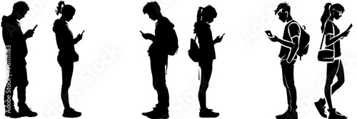 People holding using mobile phones set Characters with smartphones in hands Men women use cellphones surfing internet chatting Flat graphic vector illustrations black and white