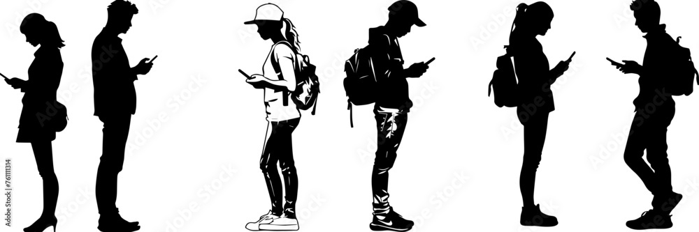 People holding using mobile phones set Characters with smartphones in hands Men women use cellphones surfing internet chatting Flat graphic vector illustrations black and white