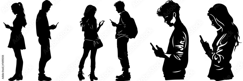 People holding using mobile phones set Characters with smartphones in hands Men women use cellphones surfing internet chatting Flat graphic vector illustrations black and white