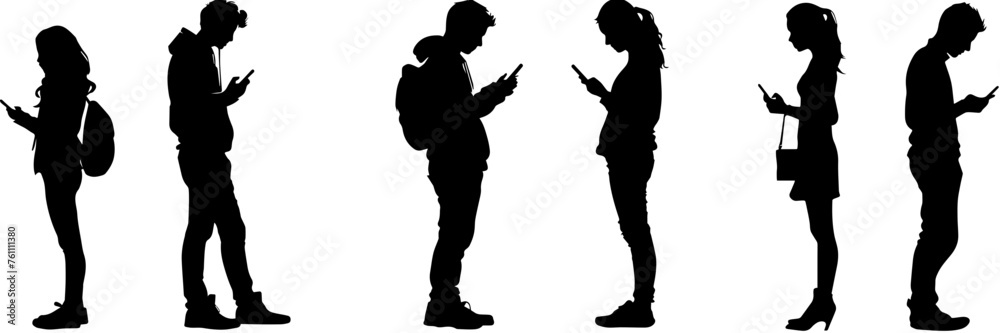 People holding using mobile phones set Characters with smartphones in hands Men women use cellphones surfing internet chatting Flat graphic vector illustrations black and white