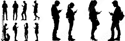 People holding using mobile phones set Characters with smartphones in hands Men women use cellphones surfing internet chatting Flat graphic vector illustrations black and white