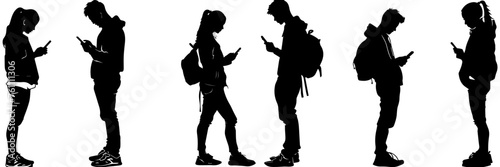 People holding using mobile phones set Characters with smartphones in hands Men women use cellphones surfing internet chatting Flat graphic vector illustrations black and white