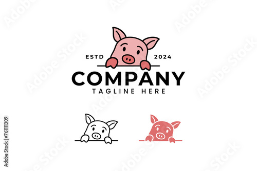 shy pig is hiding cartoon logo design for animal food farm restaurant company business