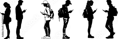 People holding using mobile phones set Characters with smartphones in hands Men women use cellphones surfing internet chatting Flat graphic vector illustrations black and white
