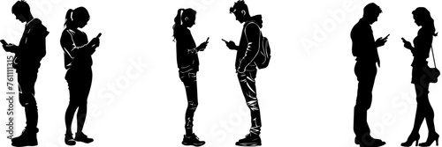 People holding using mobile phones set Characters with smartphones in hands Men women use cellphones surfing internet chatting Flat graphic vector illustrations black and white