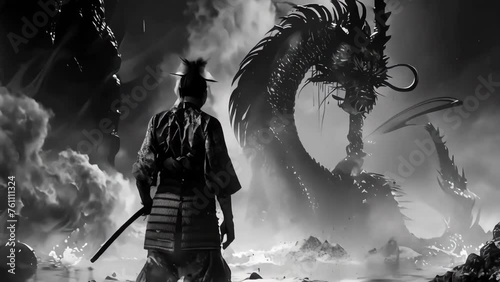 A samurai prepares for a battle with a dragon. Black and white photo. Generative AI