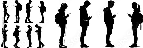 People holding using mobile phones set Characters with smartphones in hands Men women use cellphones surfing internet chatting Flat graphic vector illustrations black and white