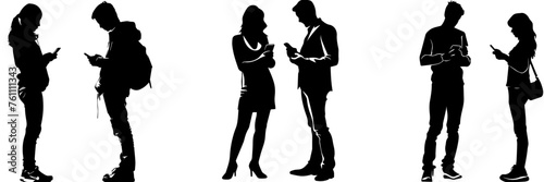 People holding using mobile phones set Characters with smartphones in hands Men women use cellphones surfing internet chatting Flat graphic vector illustrations black and white