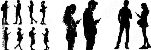 People holding using mobile phones set Characters with smartphones in hands Men women use cellphones surfing internet chatting Flat graphic vector illustrations black and white