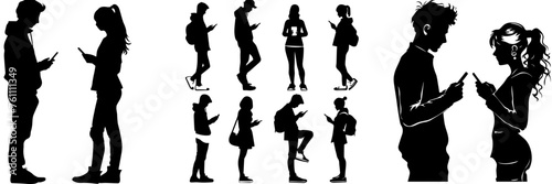 People holding using mobile phones set Characters with smartphones in hands Men women use cellphones surfing internet chatting Flat graphic vector illustrations black and white