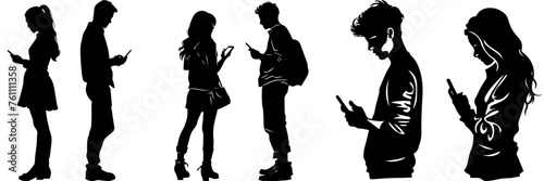 People holding using mobile phones set Characters with smartphones in hands Men women use cellphones surfing internet chatting Flat graphic vector illustrations black and white