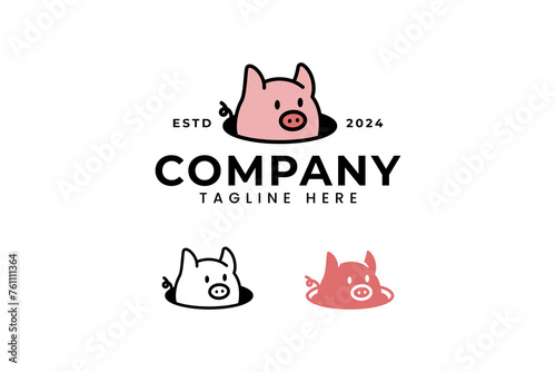 pig head emerges from hole logo design for animal food farm restaurant company business