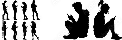 People holding using mobile phones set Characters with smartphones in hands Men women use cellphones surfing internet chatting Flat graphic vector illustrations black and white