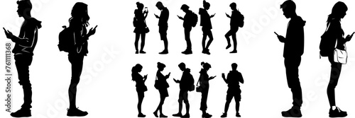 People holding using mobile phones set Characters with smartphones in hands Men women use cellphones surfing internet chatting Flat graphic vector illustrations black and white