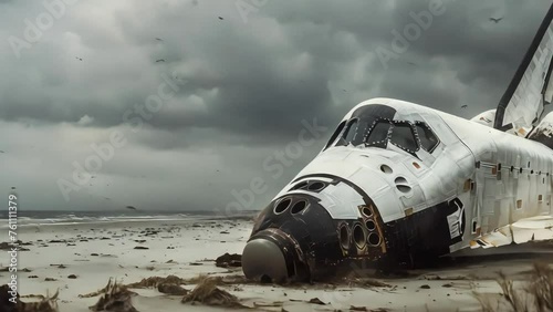 An astronaut stranded on a deserted beach, with a gray sky overhead and an abandoned space shuttle nestled on the shore. Generative AI photo