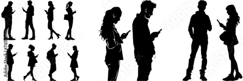 People holding using mobile phones set Characters with smartphones in hands Men women use cellphones surfing internet chatting Flat graphic vector illustrations black and white