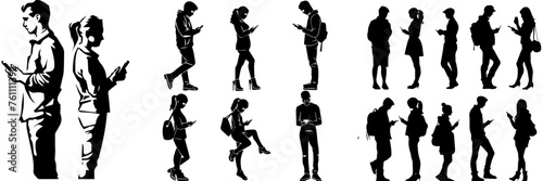 People holding using mobile phones set Characters with smartphones in hands Men women use cellphones surfing internet chatting Flat graphic vector illustrations black and white