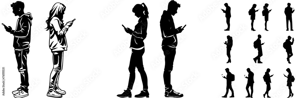 People holding using mobile phones set Characters with smartphones in hands Men women use cellphones surfing internet chatting Flat graphic vector illustrations black and white People holding using mobile phones set Characters with smartphones in hands Men women use cellphones surfing internet chatting Flat graphic vector illustrations black and white