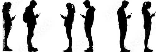 People holding using mobile phones set Characters with smartphones in hands Men women use cellphones surfing internet chatting Flat graphic vector illustrations black and white