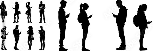 People holding using mobile phones set Characters with smartphones in hands Men women use cellphones surfing internet chatting Flat graphic vector illustrations black and white