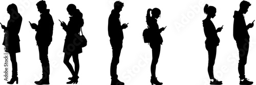 People holding using mobile phones set Characters with smartphones in hands Men women use cellphones surfing internet chatting Flat graphic vector illustrations black and white