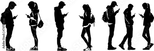 People holding using mobile phones set Characters with smartphones in hands Men women use cellphones surfing internet chatting Flat graphic vector illustrations black and white