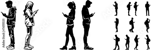 People holding using mobile phones set Characters with smartphones in hands Men women use cellphones surfing internet chatting Flat graphic vector illustrations black and white