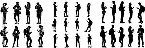 People holding using mobile phones set Characters with smartphones in hands Men women use cellphones surfing internet chatting Flat graphic vector illustrations black and white
