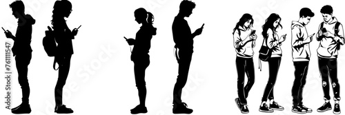 People holding using mobile phones set Characters with smartphones in hands Men women use cellphones surfing internet chatting Flat graphic vector illustrations black and white
