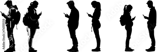 People holding using mobile phones set Characters with smartphones in hands Men women use cellphones surfing internet chatting Flat graphic vector illustrations black and white