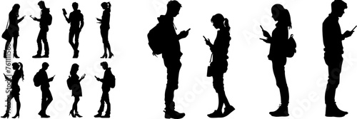 People holding using mobile phones set Characters with smartphones in hands Men women use cellphones surfing internet chatting Flat graphic vector illustrations black and white