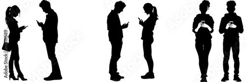 People holding using mobile phones set Characters with smartphones in hands Men women use cellphones surfing internet chatting Flat graphic vector illustrations black and white