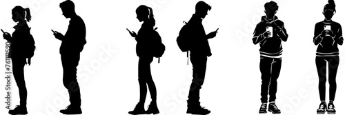 People holding using mobile phones set Characters with smartphones in hands Men women use cellphones surfing internet chatting Flat graphic vector illustrations black and white