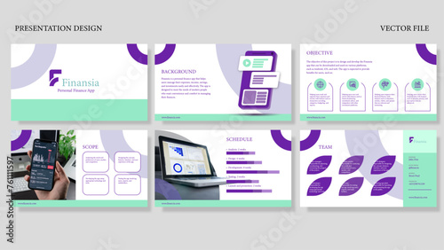 Finance App Presentation vector design with purple and green color