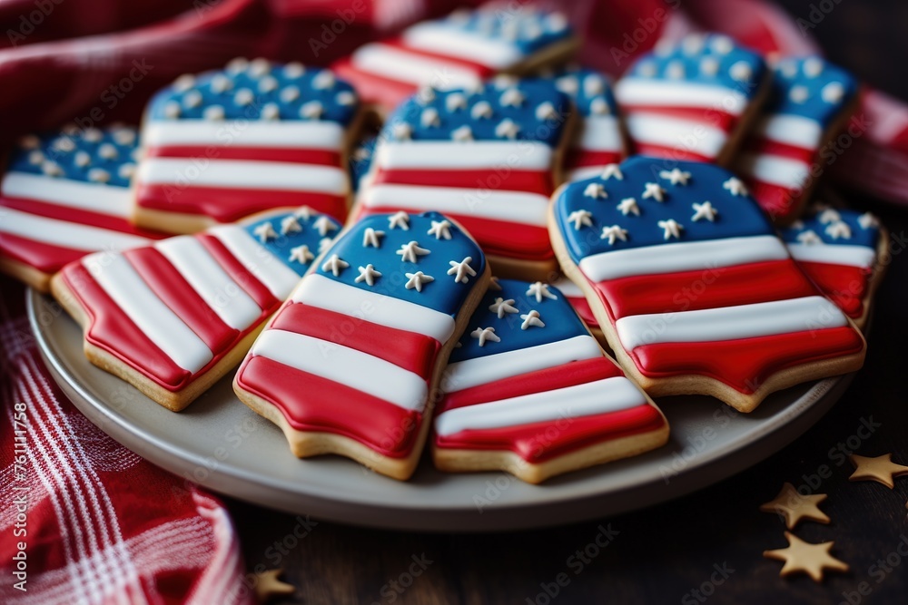 Patriotic cookies for 4th of July on a wooden background in a white plate. With scattered stars - obrazy, fototapety, plakaty 