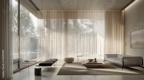 Luxurious living room with floor-to-ceiling sheer curtains and sleek modern seating