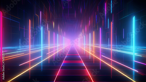 Futuristic empty neon corridor model